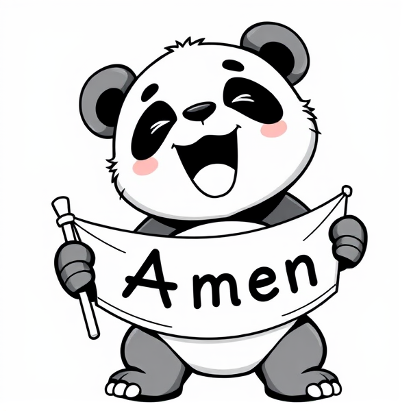 A cute panda holding a Amen banner and laughing, no color, bold line and white background like a coloring book