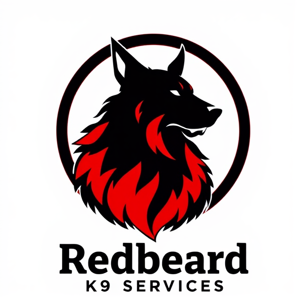 Create a professional and dynamic logo for "Redbeard K9 Services" that combines a stylized, majestic red beard with the silhouette of a noble, strong, and loyal dog. The design should convey power and faithfulness, appropriate for a company's branding and corporate identity. The logo must feature a rich red color scheme for the beard with black and white elements to ensure contrast and visual impact. The company name should be displayed in a bold, authoritative yet welcoming font below the image.