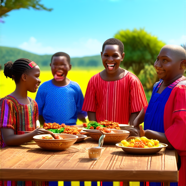 Famille nombreuse souriante réunie autour d'une table rustique en bois garnie de plats traditionnels africains, sous un ciel bleu dans un cadre champêtre avec des arbres et une végétation luxuriante, portant des vêtements africains colorés et variés, échangeant des rires et des conversations chaleureuses