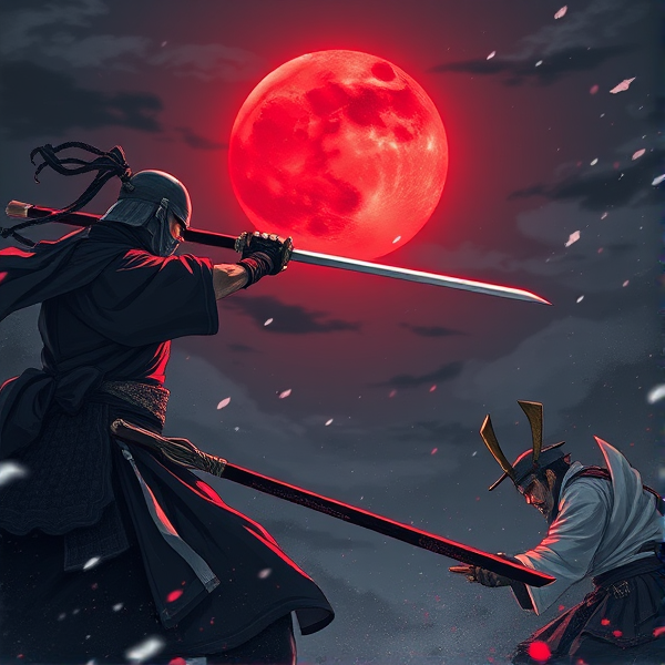 1 Japanese samurai goes to hit the other one with his sword but the other one dodges it under the red moon