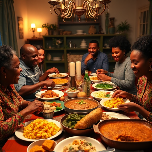 A lively African American family gathering around a richly adorned dinner table, sharing a traditional soul food meal with dishes such as fried chicken, collard greens, macaroni and cheese, cornbread, and sweet potato pie, all set in a warm and inviting dining room filled with laughter and storytelling