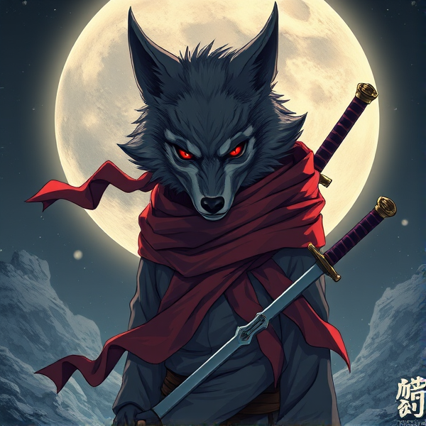 Loup roublard maitre de la lune avec un écharpe rouge autours du cou et avec deux épées dans le dos et il y a les yeux rouges