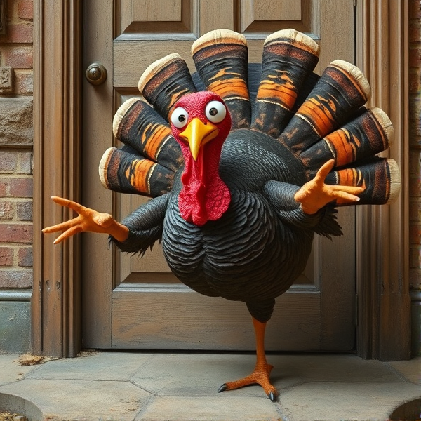 Turkey body, googly eyes, crazy, kicking, door