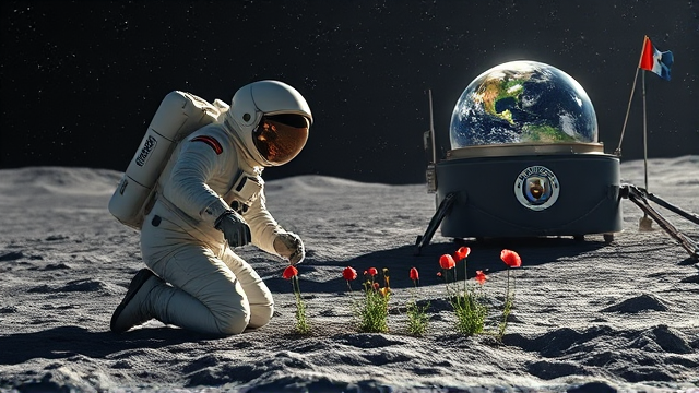 Un astronaute méticuleux revêtu d'une combinaison spatiale ornée de détails ultraréalistes se tient agenouillé avec une posture précise sur le sol gris et finement texturé de la lune, éclairé par un ciel nocturne profond constellé d'étoiles scintillantes aux multiples nuances. Il arbore un casque hautement réfléchissant qui capte les lueurs environnantes et des gants renforcés munis de systèmes de contrôle tactile. Concentré, il procède avec soin à planter des graines de pavot dans les sols riches en nutriments du dôme biodôme lunaire transparent, où se déploie un réseau complexe de systèmes hydroponiques avancés accompagnés d'un éclairage artificiel spectre complet, conçu spécifiquement pour simuler les conditions idéales de croissance en milieu extraterrestre. En arrière-plan, se détache un module d'atterrissage spatial aux lignes nettes portant fièrement le logo du Québec, contrastant avec le paysage lunaire. La Terre apparaît majestueuse et riche en couleurs au-dessus de l'horizon lunaire, offrant une vue imprenable depuis cette colonie scientifique. Aux alentours immédiats du site d'expérimentation agricole spatiale sont dispersés des instruments scientifiques divers et ultra-précis utilisés pour mener à bien cette culture pionnière. Le drapeau Manchester City onde doucement sur le module, symbolisant la présence de soccer dans ce nouveau monde.