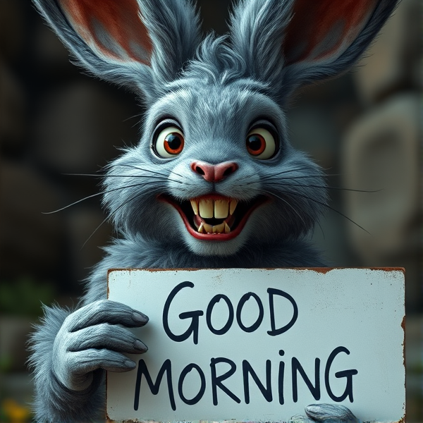Scary grey bunny rabbit, big crazy eyes, ruffled fur, holding a sign that says good morning