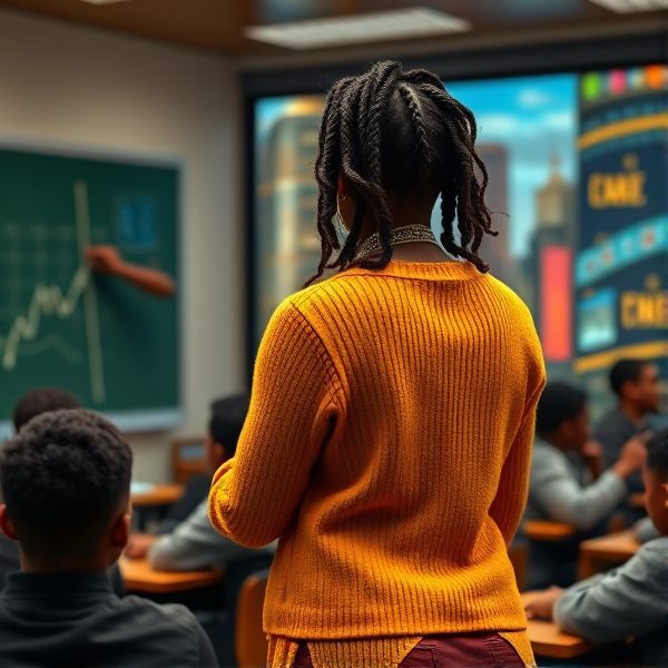 Une institutrice noire âgée de quarante avec des tresses africaines ans vêtue d'un pull jaune le dos tourné écrivant au tableau dans une salle de classe avec des élèves noires agés de huit ans