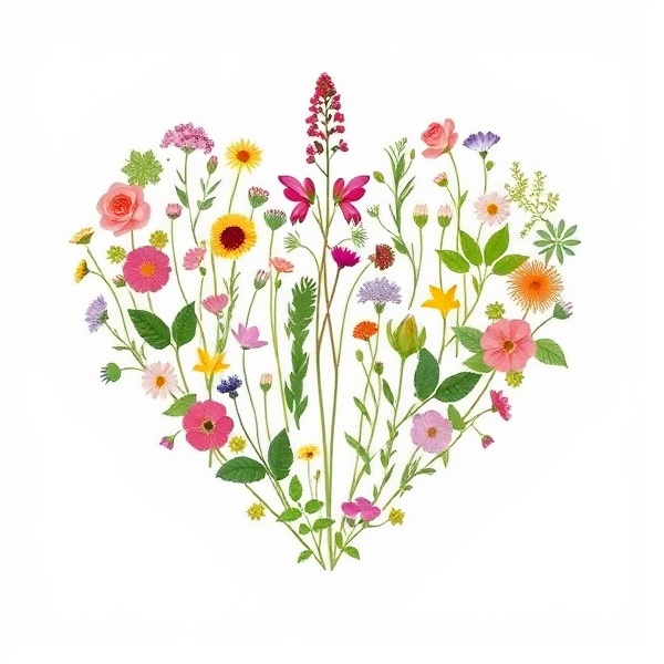 A heart symbol with the outline of the heart being flowers and plants and the inside of the heart is open