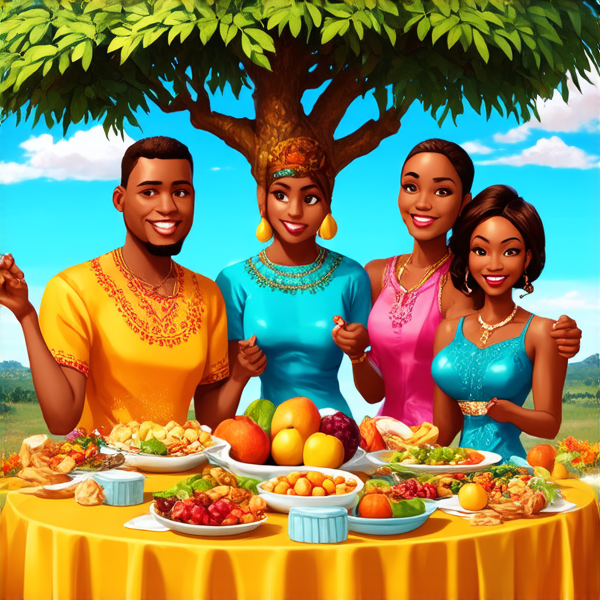prompt: Un grand repas de famille traditionnel en plein air sous un baobab en Afrique, avec des plats locaux colorés et variés, des fruits exotiques, une grande nappe colorée, des hommes et femmes africains vêtus de tenues traditionnelles multicolores souriants et partageant un moment convivial