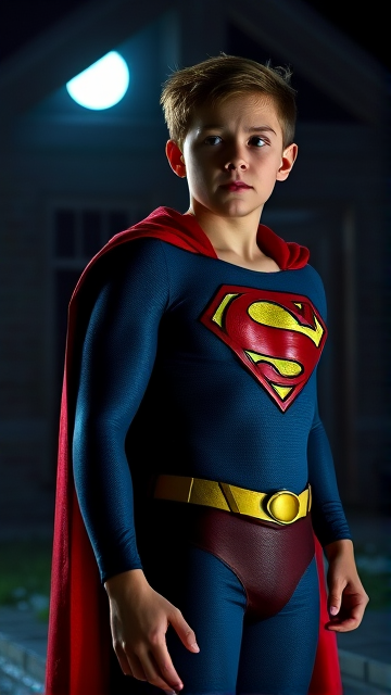 1990's Movie Scene: Jon Kent, AKA Superboy, the young little 12-year old super son of Superman, and the first kid to be born as the world's first Half-Kryptonian child, with an extremely muscular body, the iconic costume, the singular curled bang sticking out at the front of his flat and smooth hair, and a long cape, standing in an abandoned house at night, looking for clues to the mystery he is trying to solve.
