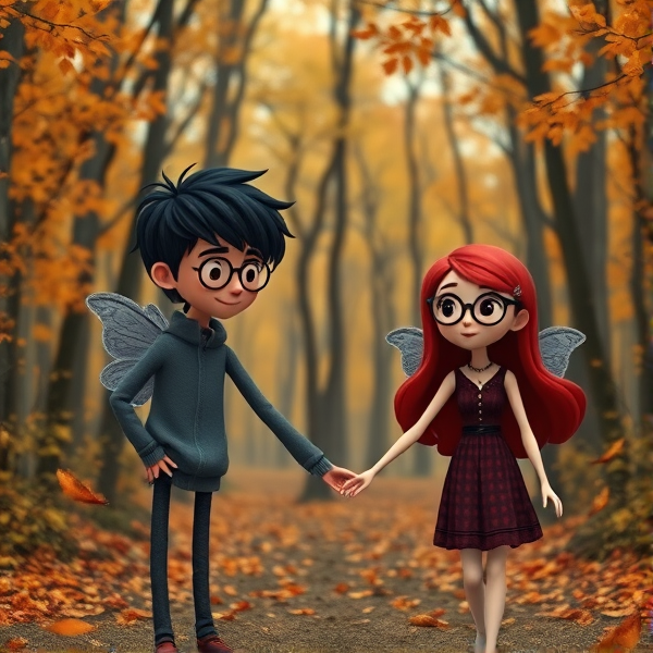 Black haired Caucasian male cartoon angel and red haired Caucasian female cartoon angel wearing glasses, hold hands walking in an Autumn forest in the style of Coraline