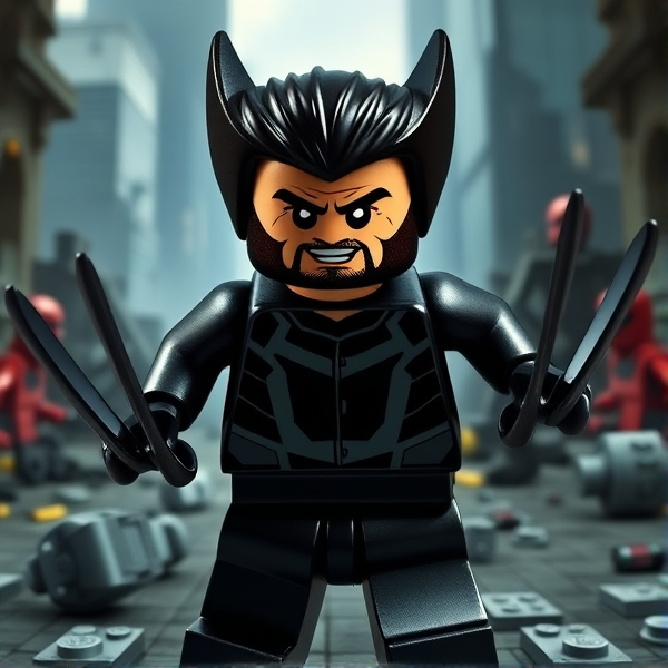 Lego Wolverine minifigure poised in battle stance, detailed texture resembling Hugh Jackman's likeness, rugged facial features with adamantium claws extended, wearing his iconic black leather X-Men suit from X-Men: Days of Future Past, background depicting a dystopian future cityscape with ruins and sentinel parts scattered around, moody lighting to reflect the bleak atmosphere of the film's opening scenes