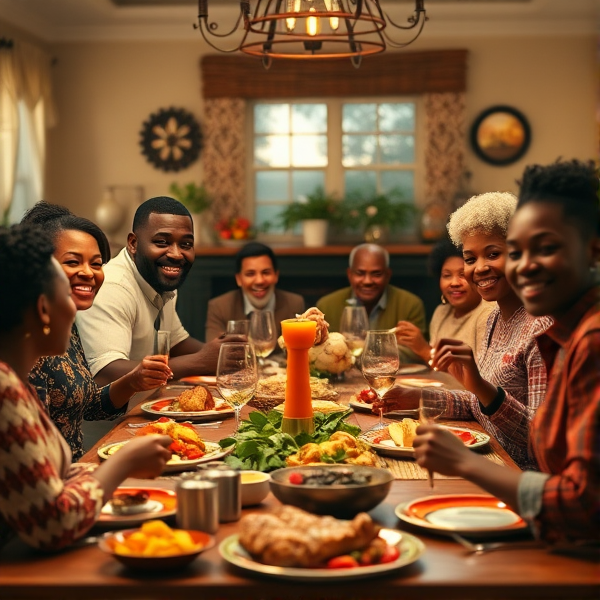 repas chaleureux d'une grande famille afro-américaine réunie autour d'une table festive, sourires et complicité, cuisine traditionnelle, intérieur accueillant