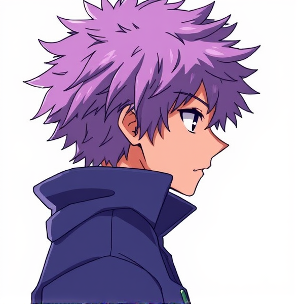 My hero academia oc. Purple fluffy hair. Male. Side view. 3/4 body view