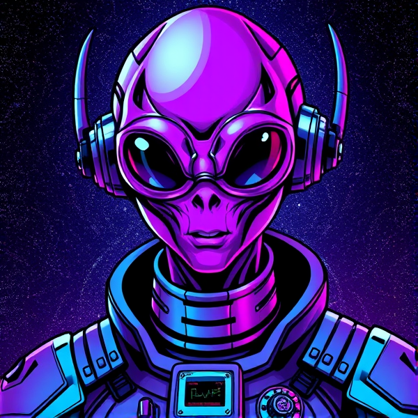 Purple alien in high tech suit human like