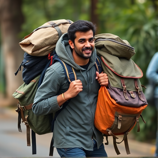Man carrying lots of backpacks