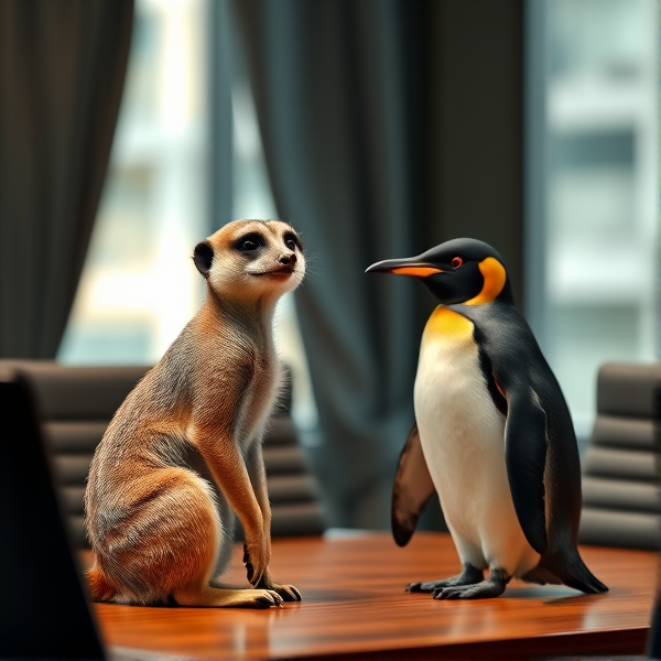 generate me a picture of a meerkat and a penguin in a meeting