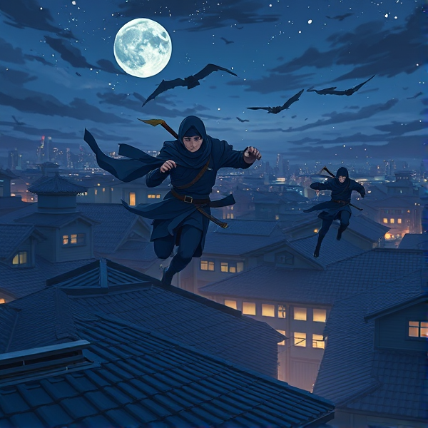 Three ninja running across roofs at night