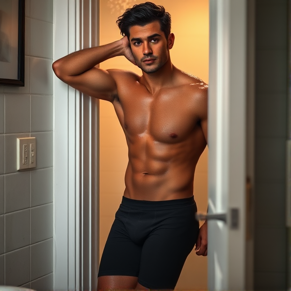 A sculpted, raven-haired male with pronounced muscle definition stands without a shirt, confidently leaning against the frame of a bathroom door. Droplets of water shimmer on his tanned skin, indicating he has just stepped out from a refreshing shower. He wears only fitted black boxer briefs that highlight his athletic build and lend him an effortless, seductive charm. The scene is set within a cozy home environment, bathed in the warm glow of gentle bathroom lighting that accentuates the curves and lines of his physique, capturing a moment akin to snapping an informal yet enticing selfie for a Tinder profile.