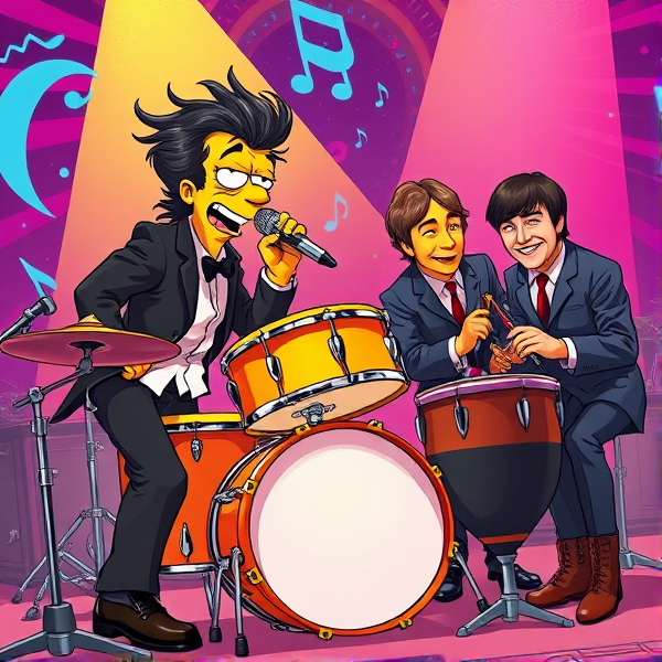 Marge Simpson energetically playing an elaborate drum set, her hair bouncing to the rhythm, amidst a kaleidoscopic, psychedelic background swirling with vivid colors and musical notes. Michael Jackson intensely delivering vocals into a classic 1930s style microphone, dressed in his iconic black and white ensemble complete with sequined glove, fedora, and shiny loafers on a spotlight-illuminated stage. The Beatles closely huddled together, joyfully tapping on an assortment of bongos and congas reflecting their quintessential 1960s looks with mop-top haircuts, tailored suits, and Chelsea boots within a groovy studio setting adorned with memorabilia from the Sgt. Pepper's era