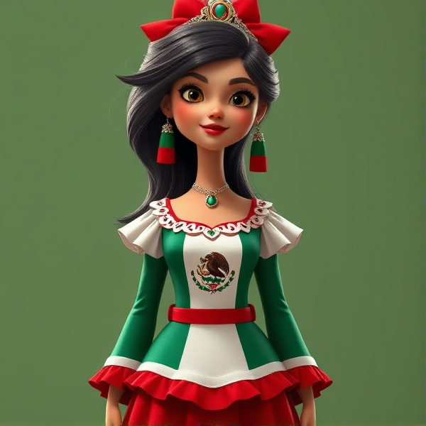 Muñeca con vestido verde blanco y rojo y en el centro el símbolo de la bandera de México y cabello muy grande y largo con Chinos animado Pixar