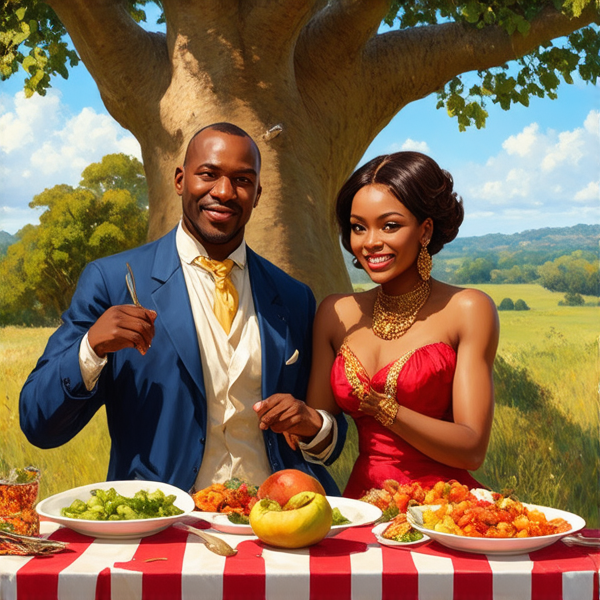 prompt: Un grand repas de famille traditionnel en plein air sous un baobab en Afrique, avec des plats locaux colorés et variés, des fruits exotiques, une grande nappe colorée, des hommes et femmes africains vêtus de tenues traditionnelles multicolores souriants et partageant un moment convivial