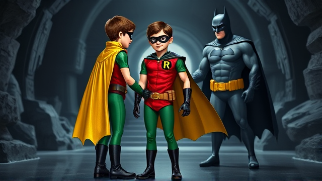 Movie Scene: A medium, preteen 12-year old boy with light skin and dark brown hair named Connor Bardley, but dressed as Robin, The Boy Wonder, with an extremely muscular body, a sleek green suit with a red torso with a black circle with a yellow R symbol on his left pectoral, a gold utility belt, black boots, black long-cuffed gloves, a big, heel-length, ultra-wide collared cape that's black on the outside and yellow on the inside, and a black eye mask, standing in the Bat Cave, where he meets Batman for the first time, where they shake hands and officially team up.