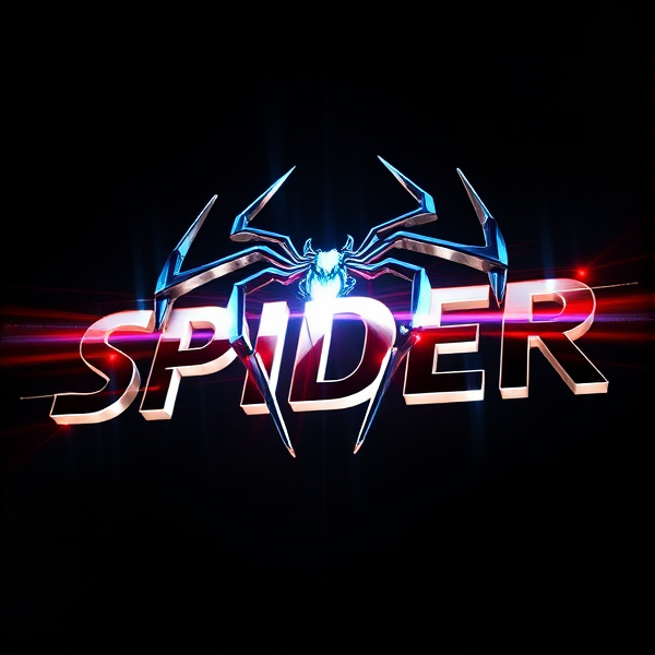 Create a visually arresting 3D logo for "SPIDER" that exudes ultra-modern, sleek design elements with bold sans-serif typography which dynamically bursts forth from a pitch-black background. Infuse the artwork with electrifying light beams inspired by the Capcut app icon's luminosity, casting profound shadows and creating striking highlights across the logo's contours. Incorporate a fusion of cutting-edge curves, crisp edges, and fluid lines to convey both rapidity and elegance. The logo should be enveloped in a metallic skin exhibiting a lustrous, mirror-like finish to dramatically bounce off light, imbuing it with an essence of vigorous motion. Draw upon Pixar's hallmark of incisive imagery and pronounced geometric shapes, injecting the tableau with a lively color spectrum and polished surfaces for additional depth. Utilize rendering techniques paralleling Unreal Engine's hyper-realism and Octane Renderer's ray tracing capabilities to achieve mesmerizing reflections, alongside V-Ray's sophisticated lighting effects to accentuate the mood. Strive for an overwhelmingly surreal visual spectacle that flirts with sci-fi elements, deliberately exaggerating every aspect for maximal impact. This creation ought to be perceived as audaciously lavish, overtly eschewing any inclination towards subtlety or minimalism.