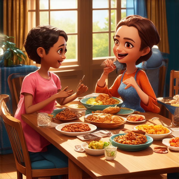 Repas de famille africaine chaleureux et convivial, avec un grand assortiment de plats traditionnels soul food sur une grande table en bois, entourée de membres de la famille riant et partageant des moments ensemble dans une salle à manger bien éclairée et décorée pour l'occasion