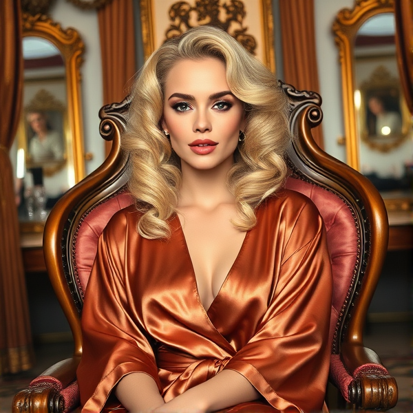 An opulent scene depicting an exquisite, blonde woman with a serene yet confident demeanor, seated in an ornate high-back chair within the luxurious confines of an upscale salon. Her elegant posture and the rich texture of her designer silk robe suggest a leisurely afternoon devoted to beauty rituals. Her hair, a cascade of golden locks, is meticulously set in oversized curlers, hinting at an upcoming soirée. The room around her is adorned with sumptuous velvet drapes and gilded mirrors reflecting her image, as she exudes wealth and sophistication from every pore. Her lips are perfectly sculpted, possessing a luscious voluminous look with a radiant glossy finish that draws the eye. Her sophisticated evening makeup is applied with such artistry that it appears as if each stroke were conducted by the hand of a seasoned maestro; her high cheekbones are expertly highlighted to enhance their natural contour, while her eyes glimmer captivatingly with layers of smoky eyeshadow and elongated lashes creating an alluring depth. A masterful expression of refined grace and allure graces her face, matched only by the air of aristocracy that envelops her