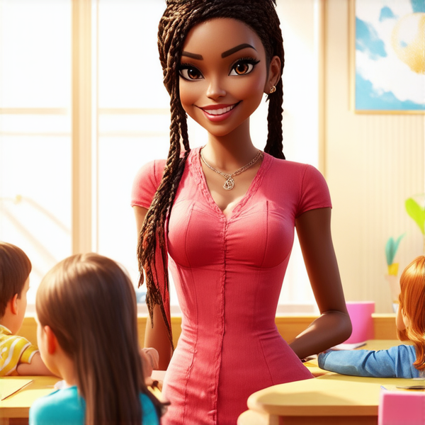 African female teacher with intricate braided hair, smiling as she stands in a vibrant classroom surrounded by diverse, attentive children sitting at their desks with educational posters on the walls and sunlight streaming through the windows