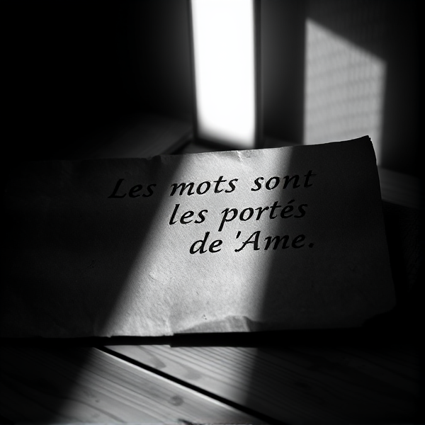 Une feuille épaisse et texturée de couleur sombre repose sur une table en bois ancienne, mise en valeur par un éclairage dramatique d'une lumière blanche provenant du côté, créant un jeu d'ombre et de lumière contrasté. Les mots délicatement inscrits sur la feuille avec une écriture cursive élégante et fine sont illuminés par cette lumière, ressortant clairement contre l'obscurité ambiante. L'ambiance générale de l'image est intime et chaleureuse, malgré le choix du noir et blanc qui renforce l'esthétique vintage et le sentiment de nostalgie. La phrase est " LES MOTS SONT LES PORTES DE L'AME"