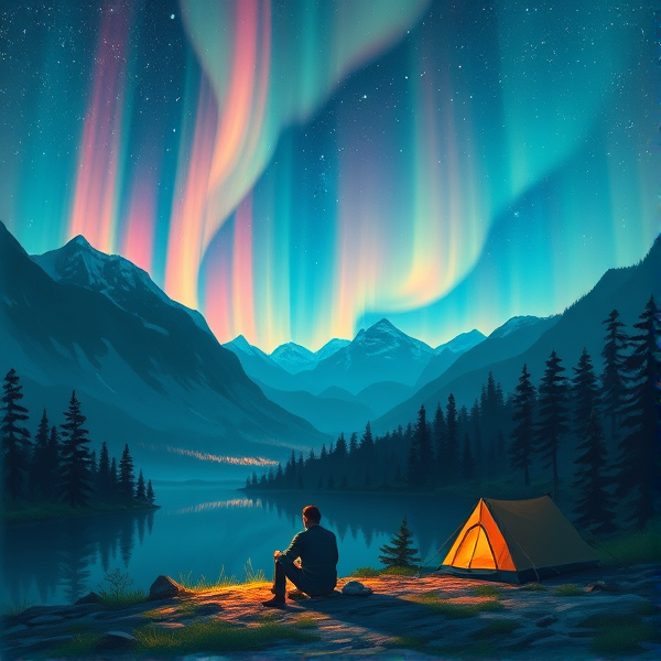 A man camping in aurora with fire forest and mountains and lake