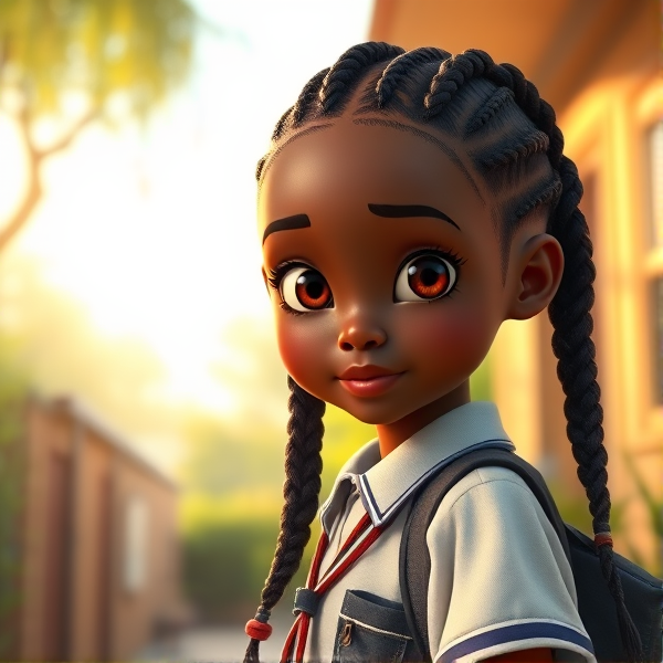 Jeune fille africaine de dix ans avec des tresses traditionnelles, vêtue d'un uniforme scolaire rentrant à la maison