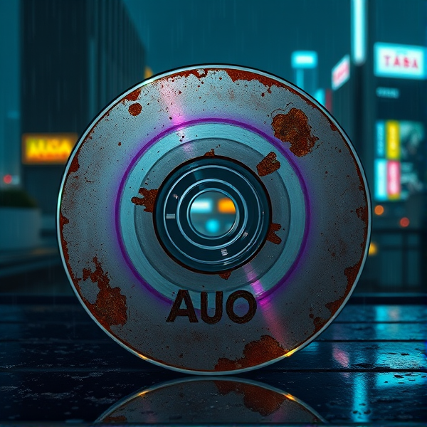 A weathered, oxidized compact disc with  "AUO" letters, placed just below centre. The CD is angled to catch the light, emphasizing its rustic texture.