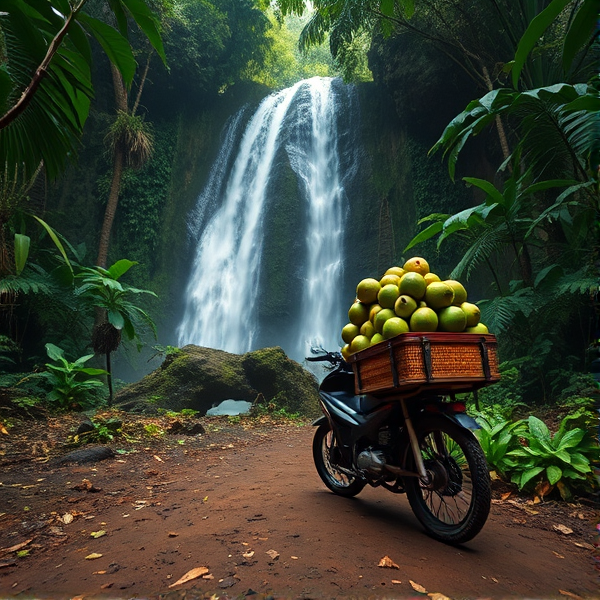 Jungle asiatique avec sol terreux avec mobilette qui transporte des goyave à côté d’une cascade