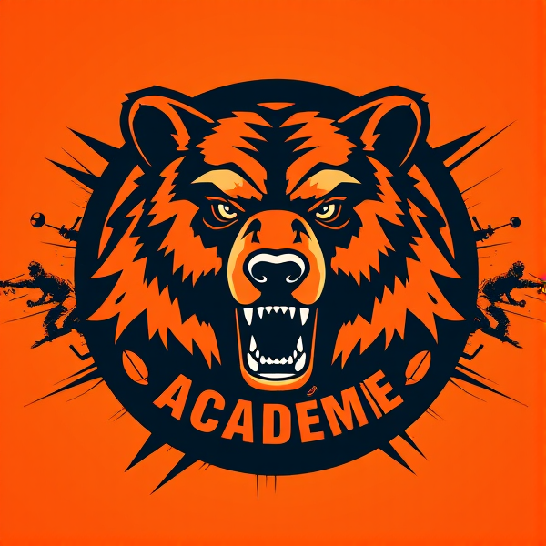 Concevez un logo de club de football dynamique et captivant mettant en vedette un grizzly concentré comme emblème central dominant. Le design illustre un ours grizzly féroce, avec des yeux pénétrants qui expriment la force et la détermination. Les teintes prédominantes sont l'orange vif et le noir intense, offrant un contraste marqué symbolisant l'énergie et l'intensité du sport. Le logo adopte une forme circulaire parfaite, soulignée par une bordure noire épaisse qui lui confère solidité et impact visuel. À l'intérieur du cercle, le nom "Tilt Académie" est inscrit en lettres grasses et modernes avec une police simple et épurée pour assurer la lisibilité tout en affirmant sa présence.

L'arrière-plan est artistiquement stylisé pour suggérer le mouvement et la passion du football, avec des éléments tels que des traînées abstraites dynamiques ou des motifs qui évoquent une vitesse extrême. Des références discrètes au football se fondent dans le design, comme des contours suggestifs d'un ballon ou des silhouettes floues de joueurs en mouvement positionnées autour du grizzly.

La composition doit transmettre une vitalité intense tout en affichant une présence imposante qui inspire les joueurs et les supporters. L'esthétique doit être percutante dès le premier regard mais également intemporelle pour demeurer significative à travers les différentes saisons. "Tilt Académie" devrait être mis en exergue dans le design global.Tilt Académie, bien inscrit