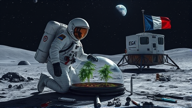 Un astronaute méticuleux en combinaison spatiale hautement détaillée se tient agenouillé sur le sol gris et poussiéreux de la lune, sous un ciel nocturne parsemé d'étoiles scintillantes. Il porte un casque réfléchissant et des gants renforcés, et s'applique à planter des graines de cannabis dans les sols fertiles d'un dôme biodôme lunaire transparent. Ce biodôme est muni de systèmes hydroponiques sophistiqués et d'un éclairage artificiel spécialement conçu pour la culture en milieu extraterrestre. En arrière-plan, on distingue clairement un module d'atterrissage spatial marqué du logo de l'ESA (Agence spatiale européenne), tandis que la Terre surgit dans toute sa splendeur au-dessus de l'horizon lunaire. Autour du site, sont éparpillés divers outils scientifiques utilisés pour cette expérimentation agricole spatiale. Le drapeau du Québec flotte fièrement sur le module.