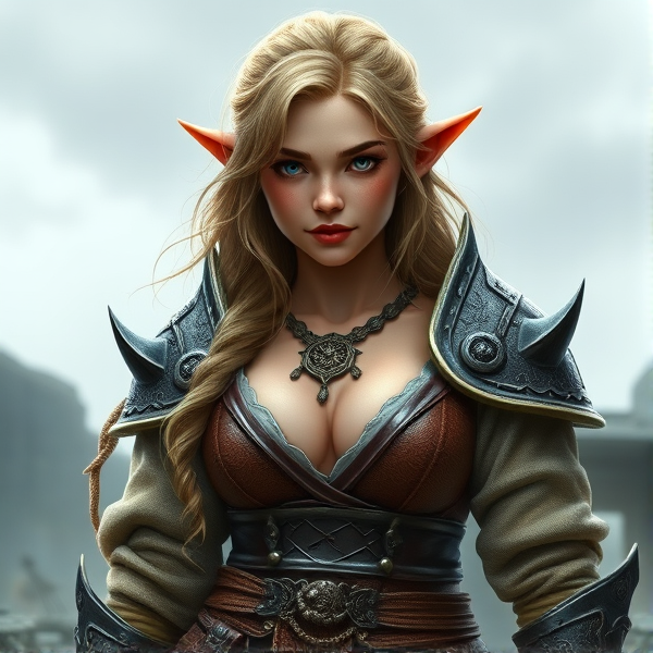 Realistic Female dwarf, full body, cleavage, armor