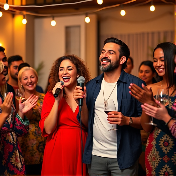 Une femme rayonnante aux cheveux châtains bouclés et un homme élégant avec une barbe soignée chantent avec passion ensemble, micro à la main dans une salle chaleureusement éclairée par des guirlandes lumineuses. Ils sont vêtus de tenues de soirée décontractées, la femme porte une robe rouge vif tandis que l'homme arbore une chemise bleu marine ouverte sur un t-shirt blanc. Autour d'eux, un cercle d'amis animé illustre la diversité culturelle et ethnique : un arabe portant un keffieh élégant, un juif avec une kippa ornée, un chrétien arborant discrètement une croix en pendentif. On y voit également une personne blonde aux yeux bleus vêtue d'un haut bohème coloré, une brune aux longs cheveux lisses portant une robe noire sobre et chic, un individu à la peau noire d'origine africaine souriant largement dans sa chemise à motifs traditionnels africains vibrants, quelqu'un au teint brun oriental dans une tenue sophistiquée de style moyen-oriental, ainsi qu'une personne japonaise en kimono contemporain stylisé et une chinoise en qipao classique orné de broderies délicates. Tous expriment leur joie et leur complicité tout en applaudissant ou tenant des verres à vin, incarnant parfaitement l'esprit cosmopolite festif de cette scène musicale intime.