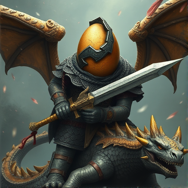 Egg in chainmail with a weapon on a dragon