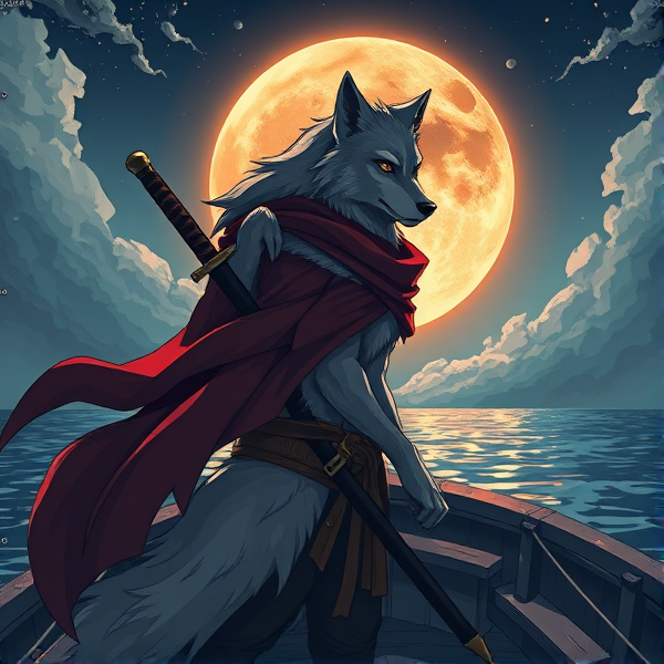 Loup roublard maitre de l'éclipse lunaire et avec un écharpe rouge autours du cou et avec deux épées dans le dos et il est sur un bateaux