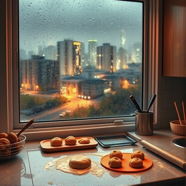 Image réaliste d'une cuisine, on peu voir sur le plan de travail de la patte et des cookies en préparation avec es ustensiles à côté, par la fenêtre on peu voir une nuit d'automne dans une ville où il pleut et fait humide on peut voir la plutôt sur la fenêtre avec des gouttes