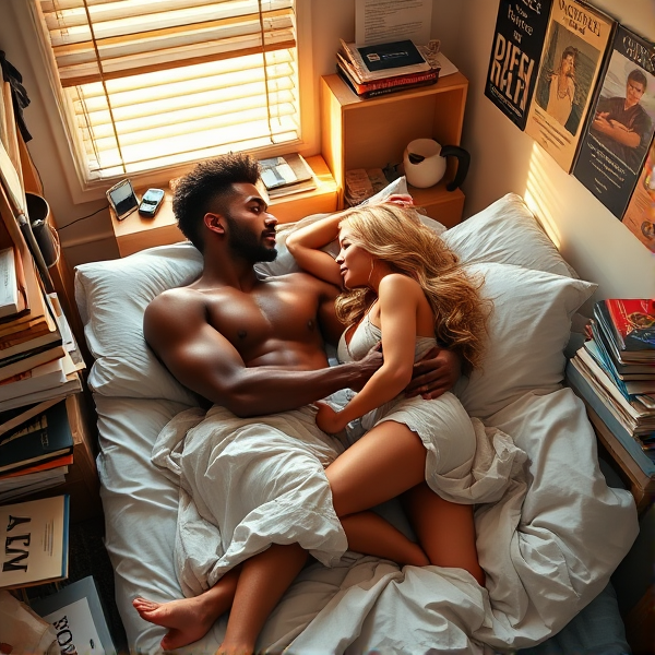 A post-intimate moment in a college dorm room, with a young couple laying down and sharing a narrow bed amid crumpled sheets. The male, a model of athleticism with an ebony complexion and chiseled features reminiscent of an ancient Olympian deity, is highlighted by the amber sunlight filtering through partially opened window blinds. His muscular arms embrace his partner tenderly. 

The female, with golden hair and a lithe, athletic build, rests her head on his chest while her arms encircle him. Both display glistening skin from recent intense passion. Morning light imbues her disheveled hair with a soft radiance.

They are wrapped in an intimate pose under tousled and provocatively placed bedding that suggests the fervor of their love. They exchange looks filled with desire; she playfully bites her lip as he returns her gaze with eyes full of silent promises.

The room reflects their student life: precarious stacks of textbooks and a desk strewn with study materials, walls adorned with posters symbolizing intellectual pursuits and wanderlust, mismatched furniture, and a cozy rug. Discarded clothes indicate urgency while two coffee mugs—one bearing the chips of frequent use—and open laptops hint at scholarly dedication intermittently surrendered to their connection.

The scene captures their intellectual compatibility entwined with primal attraction—an amalgam of respect, understanding, and physical magnetism that resonates in every gesture.