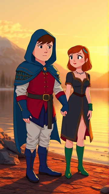 Clyde Donovan from South Park, light skin and brown hair, but as a 14-Year Old, dressed as a medieval prince with a red shirt with white sleeves, a black belt with a gold buckle, white pants, blue boots, blue long-cuffed gloves, and wreathed in a big blue hooded cape, now known as Prince Donovan. Despite still being a kid, he is the Youngest Ruler of South Park, Colorado, but now reborn as the real life Kingdom of Kupa Keep, Zaron, and Prince Donovan is its youngest and greatest hero. The young teenage prince of Kupa Keep is currently standing by the shoreline of a lake, holding hands with his royal girlfriend, Princess Bebe Stevens, enjoying the company of each other with love.