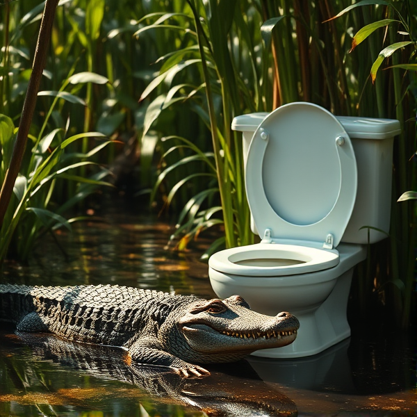 Create a realistic image of a crocodile lying next to an elegant porcelain toilet in a natural swamp environment, with sunlight filtering through the foliage and casting gentle reflections on the water's surface