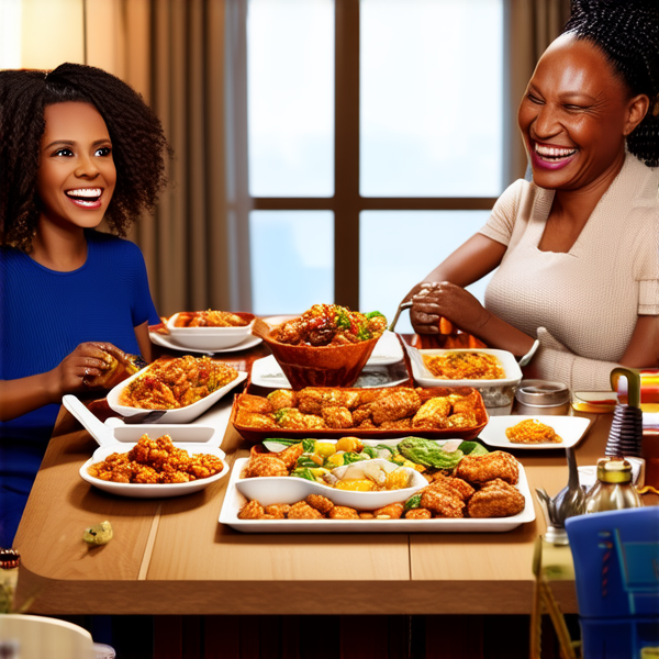 Repas de famille afro-américaine chaleureux et convivial, avec un grand assortiment de plats traditionnels soul food sur une grande table en bois, entourée de membres de la famille riant et partageant des moments ensemble dans une salle à manger bien éclairée et décorée pour l'occasion