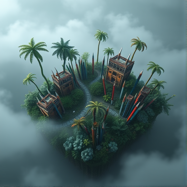 Pen isle with a variety of writing pens arranged to form the shape of an idyllic tropical isle