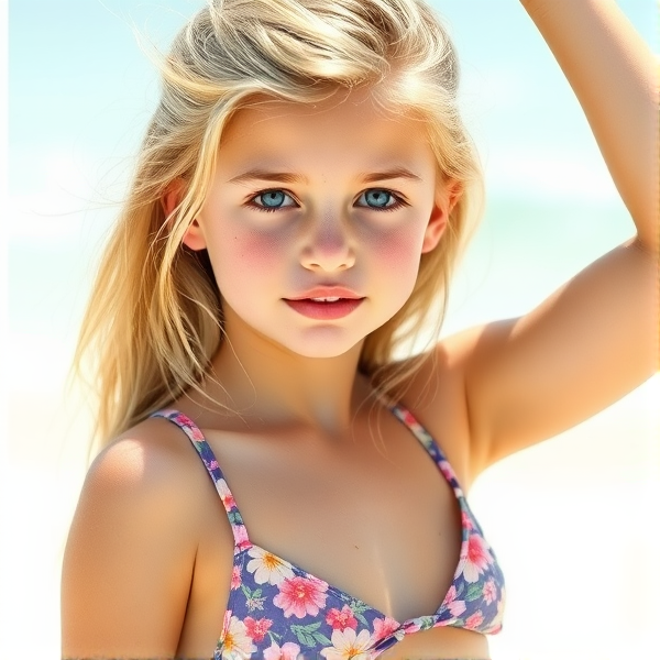 Cut blonde teen girl, with small breasts in a bikini, lifting right arm, light blue eyes, a few light freckles