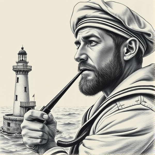Linogravure d’un marin avec une pipe en fond un phare