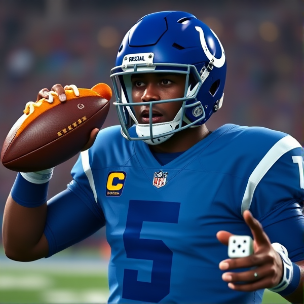 Black quarterback number 5 for Indianapolis colts holding a corndog and playing dice